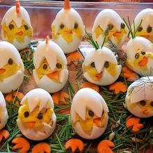 Image of deviled eggs dressed to look like chicks, a plate full